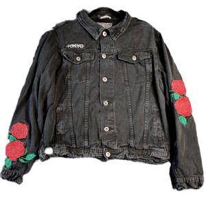 BROOKLYN CLOTH Mens M Black Denim Jacket Embroidered Roses Tokyo Vintage Trucker